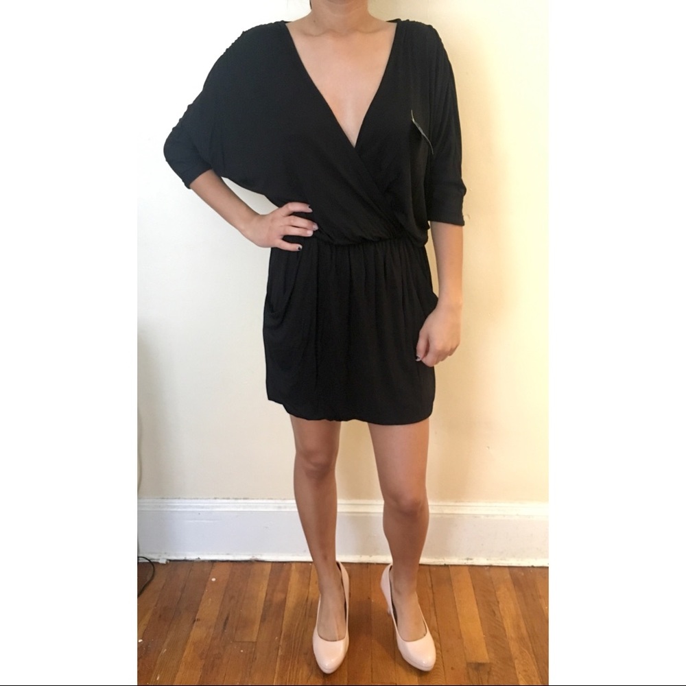 Black Deep-V Relaxed Sleeve Mini Dress w/ Pockets